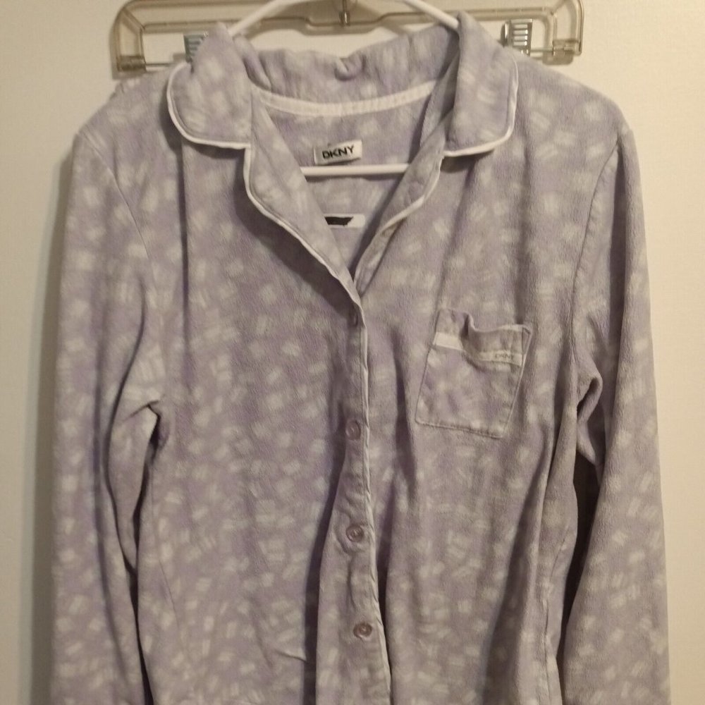 DKNY Pajama Womens Large 2 Pc Set Fleece Purple Print Cozy Warm